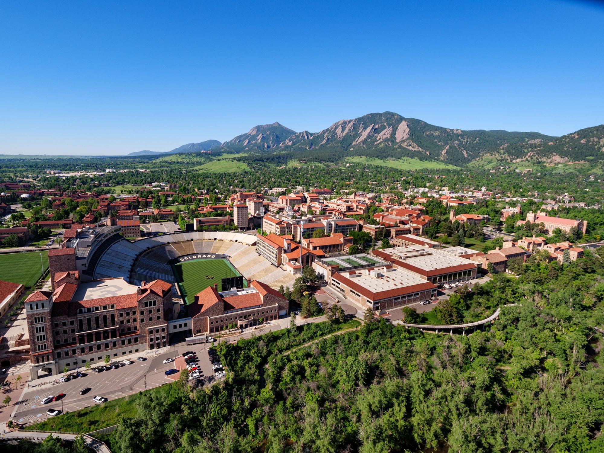 University of Colorado Boulder campus with Flatirons in the background